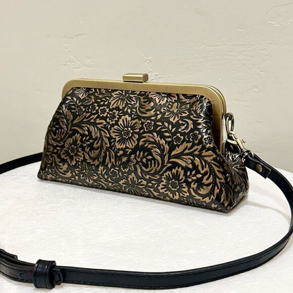Handmade Floral  Embossed Cowhide Push Lock Clutch, Shoulder Bag, Crossbody - Picture 7 of 16